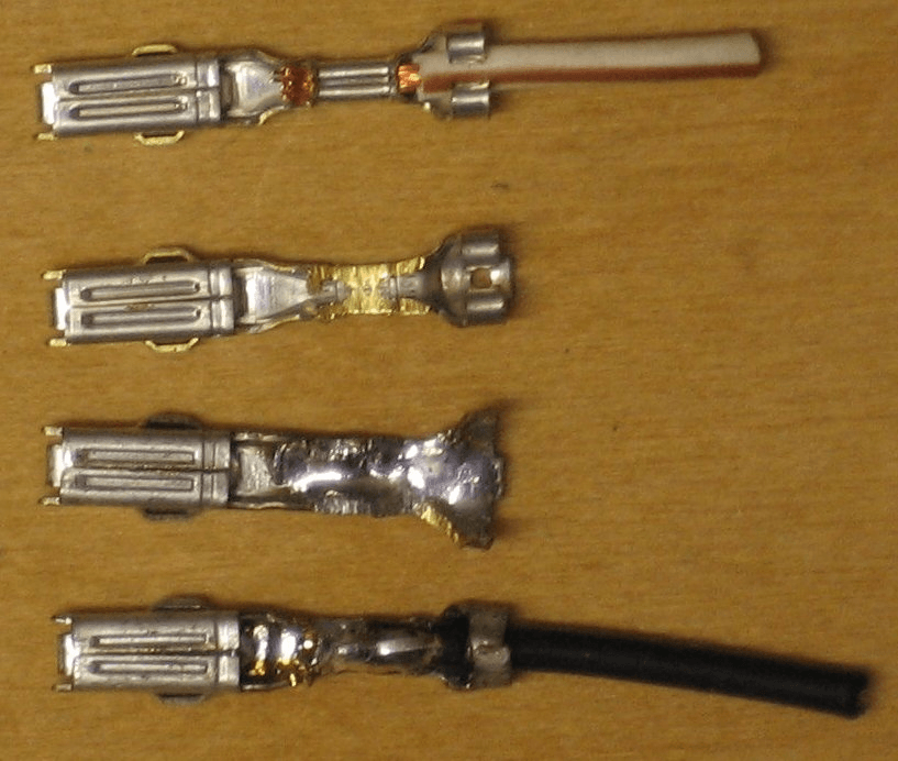 stages of soldering wires to pins